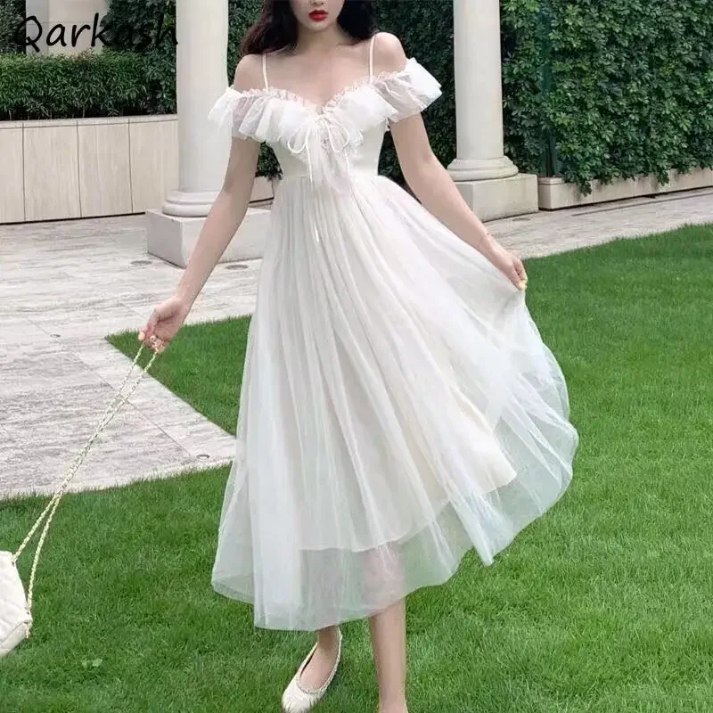 White Dress Women Aesthetics High Waist Slash Neck Elegant Gentle Gauze Lady Summer French Vestidos Princess Bodycone Minimalist