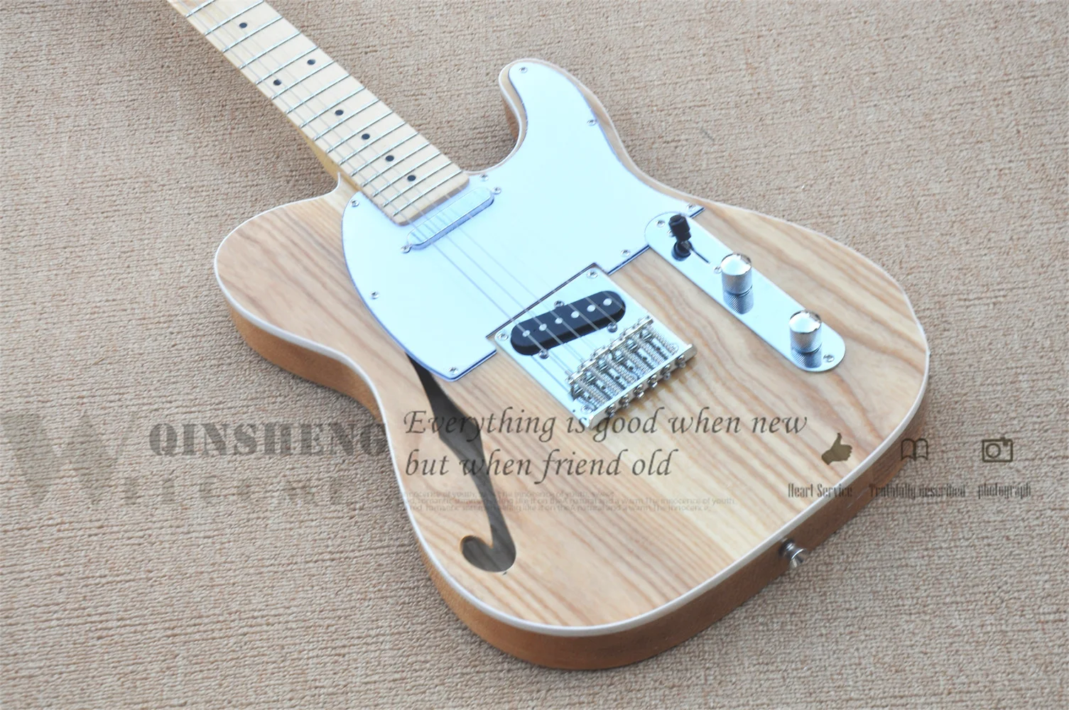 Factory Outlet Electric Guitar, Tel Guitar, Ash semi hollow Body, Maple Wood, white Pickguard, Chrome Bridge