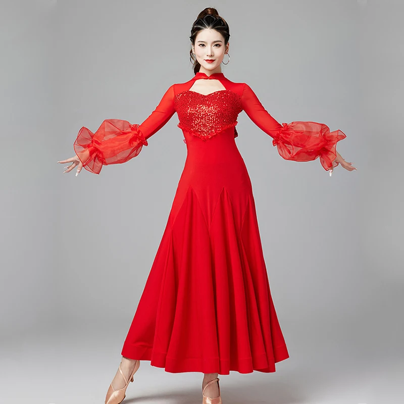 Ballroom Dancing Dress 3 Colors Sequins Waltz Dance Performance Wear Mesh Puff Sleeve Tango Standard Dancing Dresses VDB7726