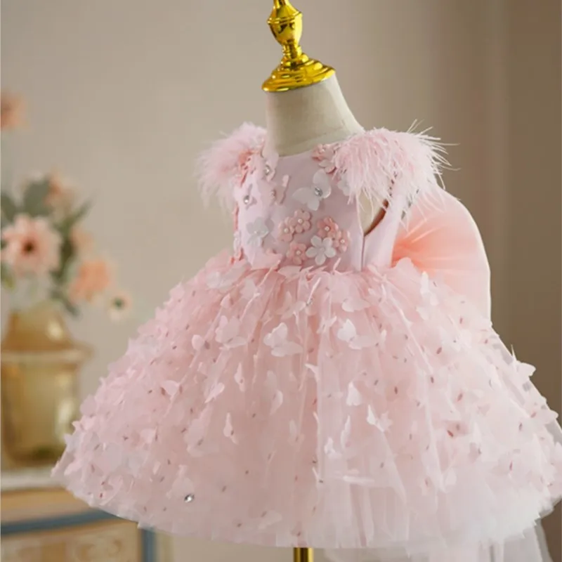 Baby Girl Princess Butterfly Feather Dress Infant Toddler Child Elegant Tulle Vestido Wedding Party Birthday Baby Clothes 1-12Y