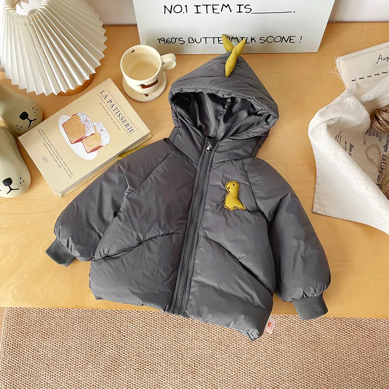 

Kids Baby Boy Down Jacket Hooded Dinosaur Embroidery Thick Warm Toddler Boy Down Coat New Winter 90% White Duck Little Boys Coat