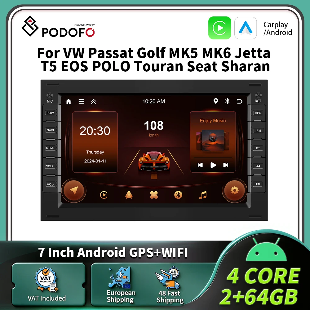 Podofo 7-Zoll Auto-Stereoanlage mit Carplay Android Auto Intelligentes System 2Din GPS FM BT für VW Passat Golf MK5 MK6 Jetta T5