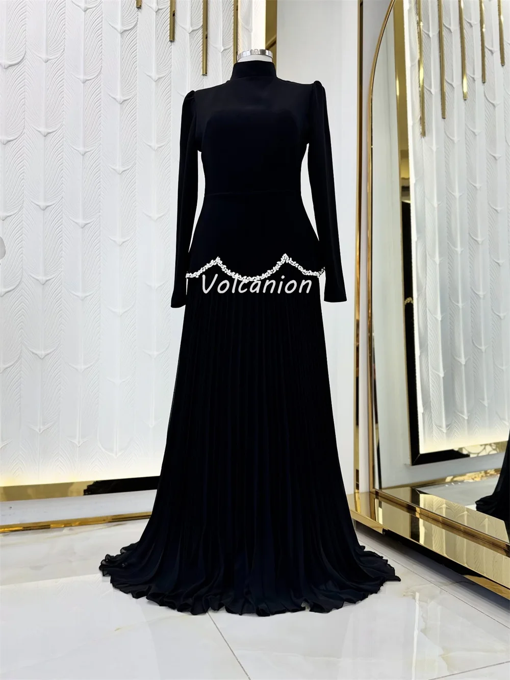 Customized Classic Matching Organza Rhinestone Ruffle Beading Draped Straight High Collar Long Dresses Bespoke Occasion Dresses