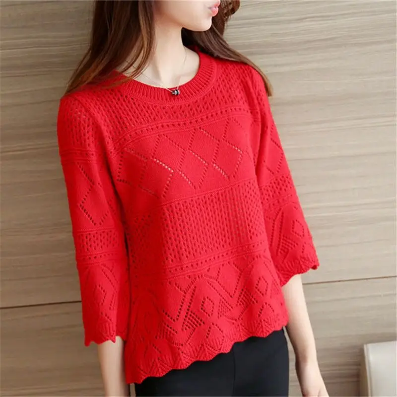 Women Autumn Korean Loose Fashion Hollow Out Solid Color O-neck 3/4 Sleeve Knitwear Ladies All-match Knitting Bottoming Shirt