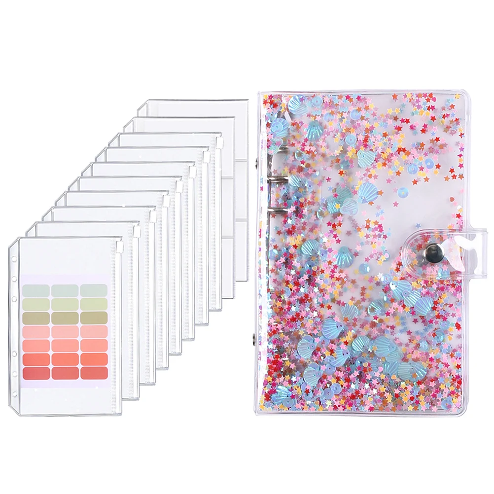 A6 Budget Binder Budget Planner with Clear Sequin Cover 8 Zipper Pockets Card Pouch Double Pocket Labels