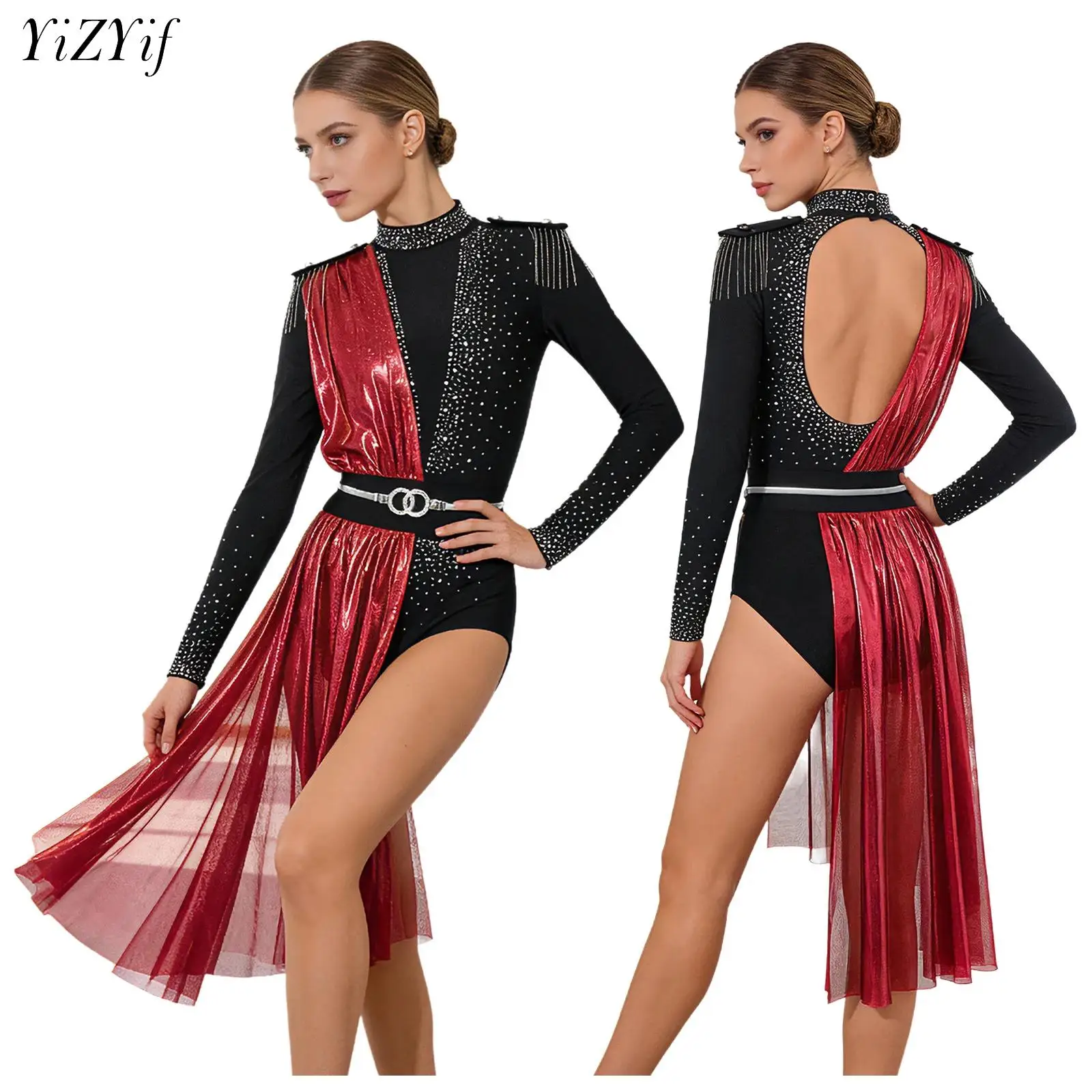 

Женский боди для лирического танца с длинными рукавами, стразами, металлическим блеском, драпировкой и бахромой, для фигурного катания и современного танца