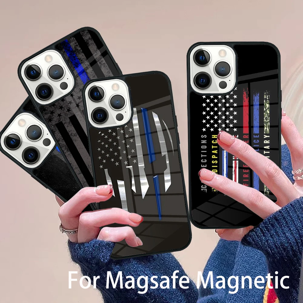 

POLICE THIN BLUE LINE AMERICAN FLAG Phone Case Magesafe Magnetic Wireless Cover For IPhone 16 11 12 13 14 15 Pro Max Plus Mini