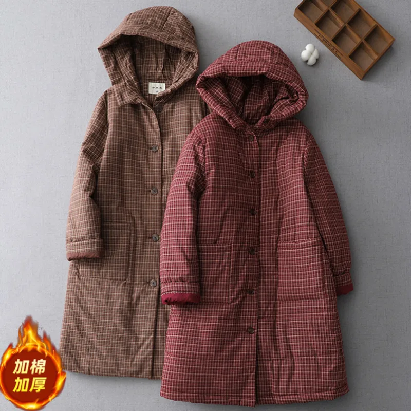 Chinese Style Vintage Loose Thicken Cotton Coat Women Autumn Winer Long Sleeve Womens Hooded Outerwear Elegant Long Jacket