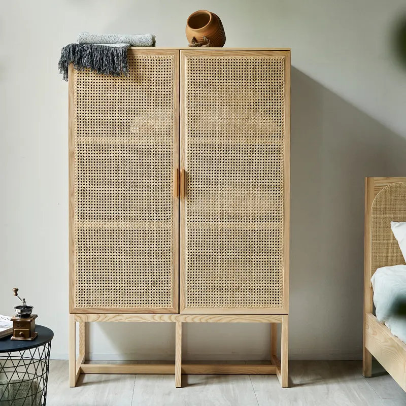 Solid wood dining side cabinet household rattan bedroom storage wardrobe