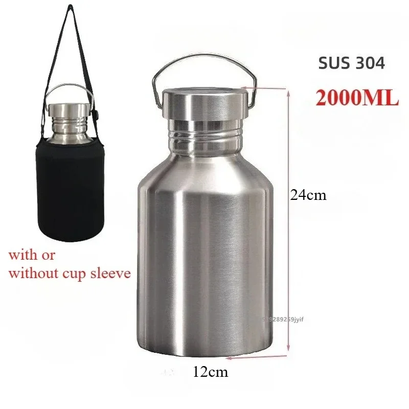 2000ML Large Capacity Sports Water Bottle Single Wall Stainless Steel Kettle Travel Outdoor Portable Flasks Cycling Drinkware