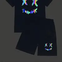 Summer Black Trendy Printed Round Neck Short Sleeved T-Shirt Top + Elastic Waist Printed Wide Leg Shorts Children's Clothing Set 5