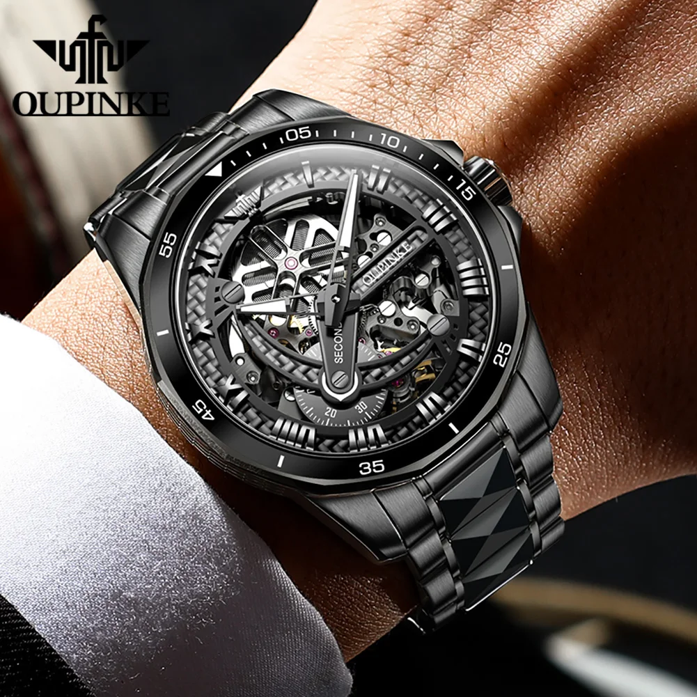 OUPINKE Tungsten Steel Holllow Men\'s Watches Swiss Luminous 5bar Waterproof Luxury Brand Automatic Mechanical Watch for Men 3178