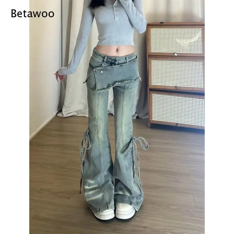 Ladies Light Wash Denim Pants High Waist Removable Waist Block Clothside Tie Strap Retro Flared Jeans for Casual Street Style