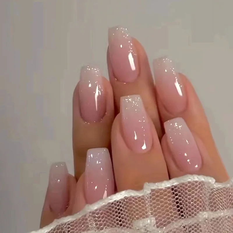 24 pçs glitter unhas falsas com pó brilhante design gradiente rosa unhas falsas de comprimento médio ballet imprensa em unhas wearable