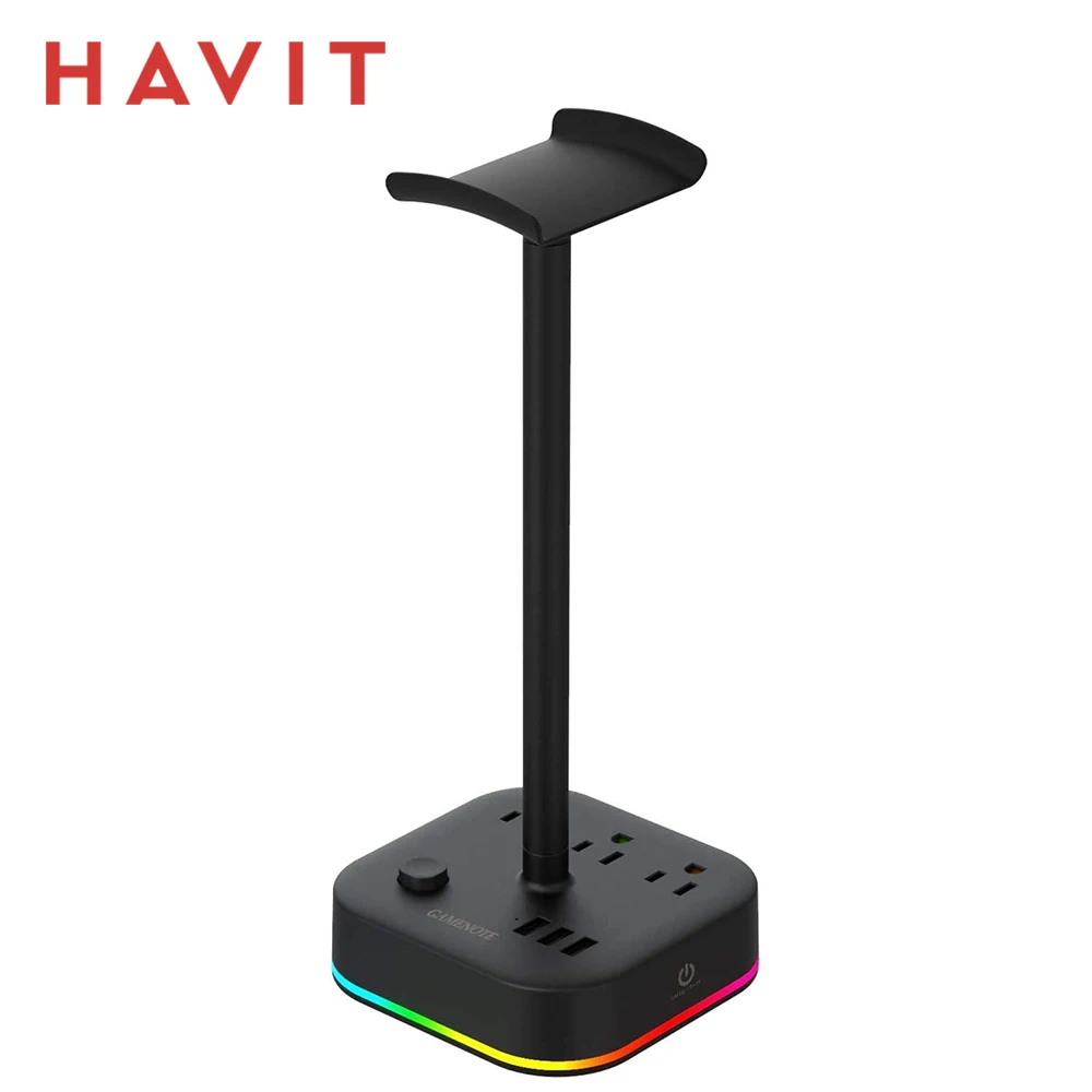 HAVIT RGB Headset Stand with 3 USB Charging Ports and 3 Power Outlets 2 in 1 Desk Gaming Headphone Holder Rack Earphone Hanger