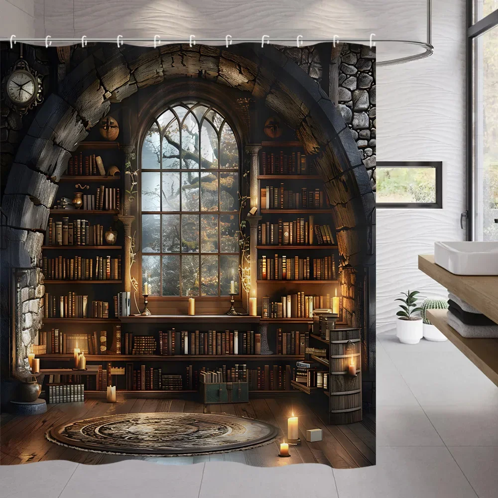 3D Library Shower Curtain Vintage Books Bookshelf Candles Gothic Magic Attic Window Botanical Home Fabric Bathroom Decor Curtain