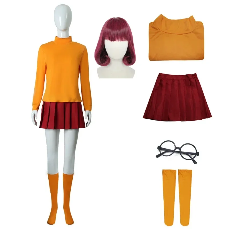 Velma Anime Cosplay Uniforme para Mulheres, Top Laranja, Saia Vermelha, Meias, Óculos, Peruca, Festa de Halloween, Conjunto de Carnaval, Fantasia de Meninas