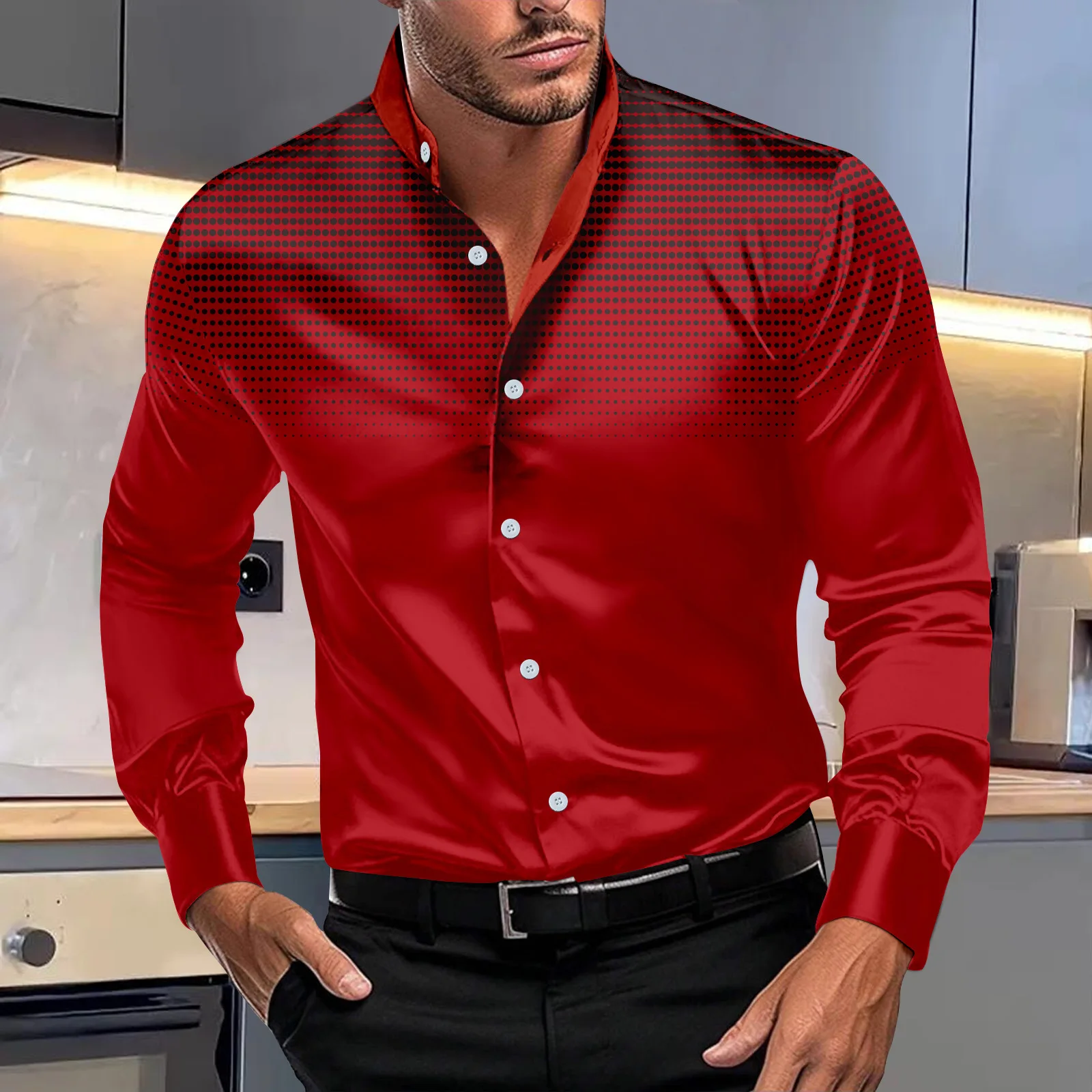 Nueva camisa con estampado de lunares elásticos de cuatro lados para hombre de primavera y otoño, camisa informal de manga larga con cuello levantado para uso diario