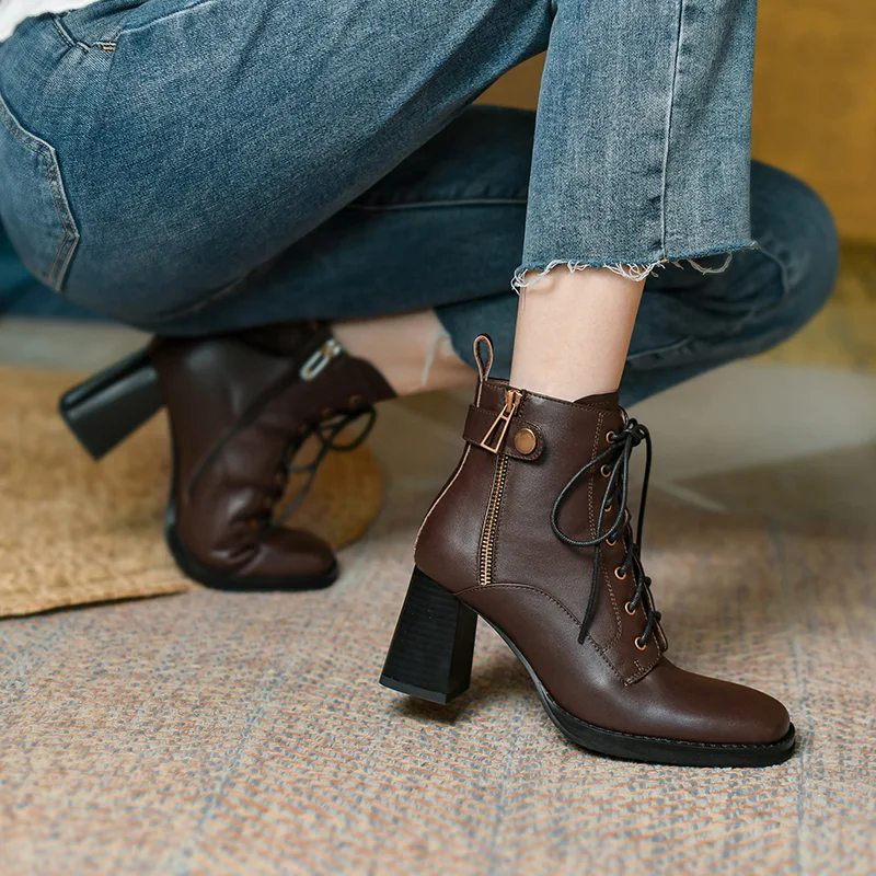 Genuine Leather Women Ankle Boots New Autumn Winter Square Toe High Chunky Heels Boots Fashion Ladies Black Brown Lace Up Boots