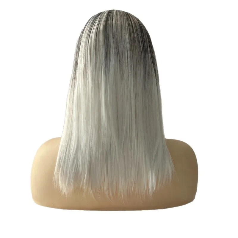 Women's medium- hair wig with gradient highlights, synthetic fiber full headpiece, middle-parted BOBO style, extra-long stra