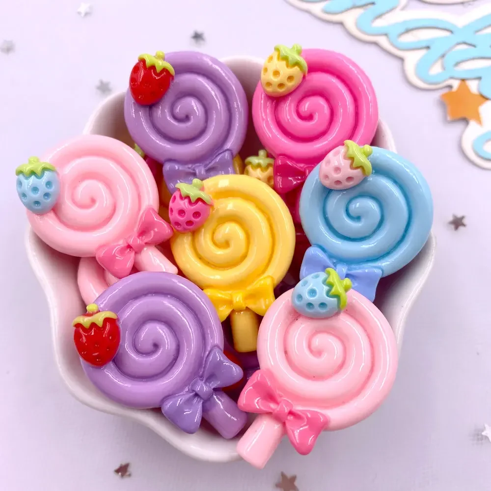 Painted Colorful Resin Strawberry lollipop Lollipop Flatback Cabochon Stone Figurines 10pcs DIY Bow Accessories Scrapbook Crafts