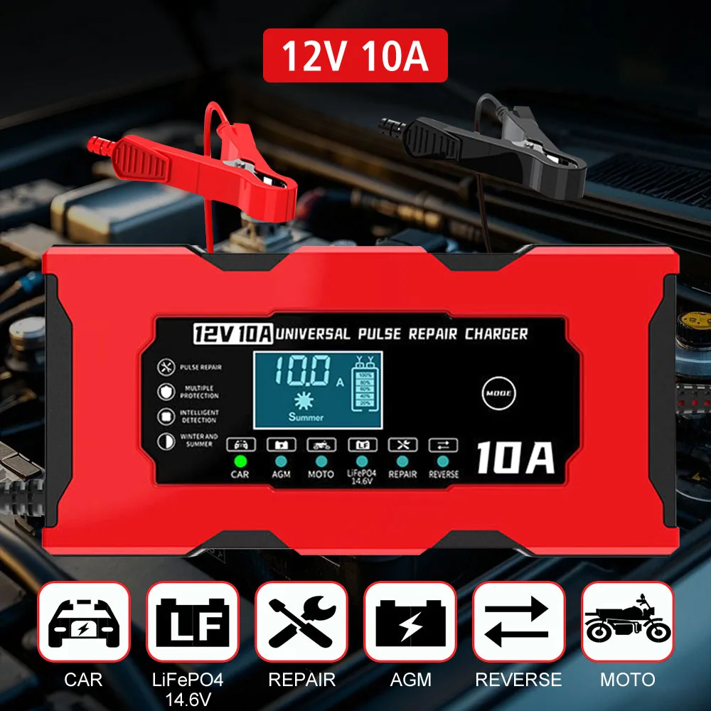 

Car Battery Charger 14.6V 10A Iron Lithium Charger Smart Battery Charging Pulse Repair 12V 10A Digital LCD Display EU/US Plug
