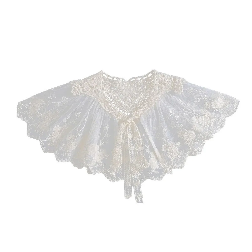 Elegant Embroidery False Collar Detachable Bowknot Chiffon Pleated Collar Floral Lace Lace-Up Scarf Women