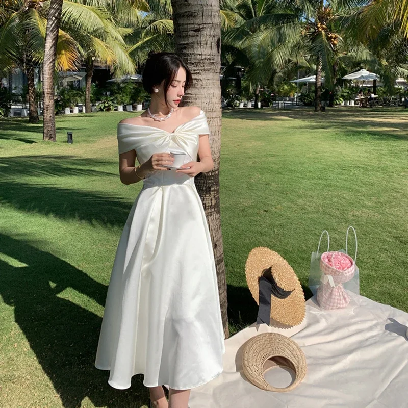 Women White Fairy Elegant A-Line Midi Dresses Female Party Prom Clothes Vestdios Bow Slash Neck Sexy Dress Summer