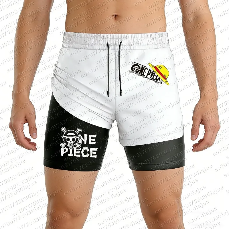 2026 One Piece Luffy Print Shorts Herren Sommer Schnelltrocknende Doppellagige 2-in-1 Hose Kleidung Cosplay Bequem und Atmungsaktiv