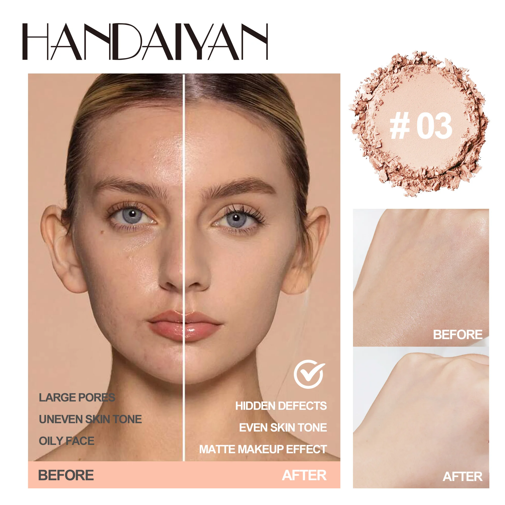 HANDAIYAN Light Soft Setting Pressed Powder Natural Waterproof Long-lasting Full Cover Makeup Cosmetics for Different Skin Color