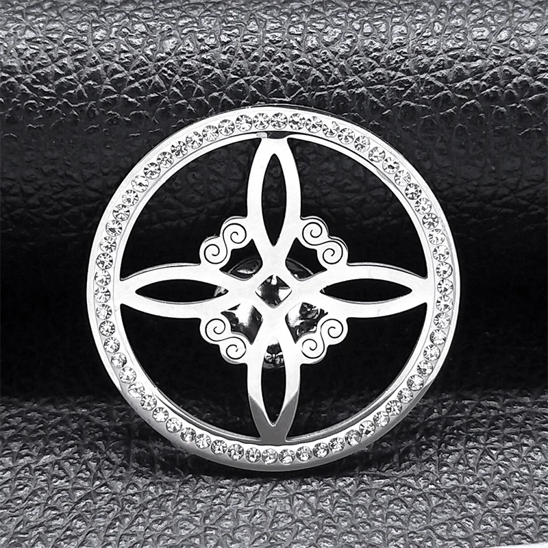 Stainless Steel Crystal Witch Celtic Knot Brooch Pin for Women Men Silver Color Geometry Lapel Badge Exquisite Wedding Jewelry