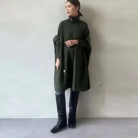 

2023 осень/зима, новый стиль, простое платье с высоким воротником и длинными рукавами, женское летнее платье с блестками, 2025 г., халат, женское элегантное платье