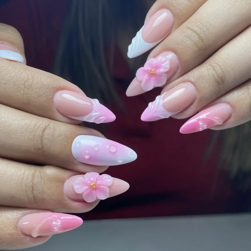 

24PCS Simple Pink Gradient French Fake Nails for Women Girls 3D Carved Flowers Ripples Sweet Almond Press on Nails Wearable Nail