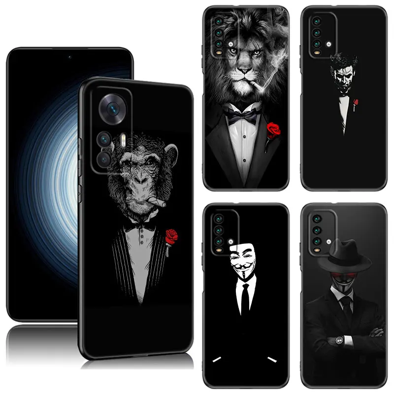 Man Suit Shirt Tie Black Silicone Phone Case For Xiaomi Redmi 7A 8A 9A 10A 11A 9C 10C 12C 13C 11 Prime A1 A2 + 12 4G Note 9T 12R