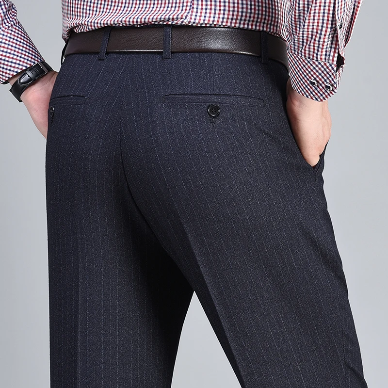 

Брюки-костюмные из шерсти и шелка больших размеров, осенне-зимние, утепленные, деловые, формальные, для среднего возраста, в полоску, с высокой талией, свободного кроя