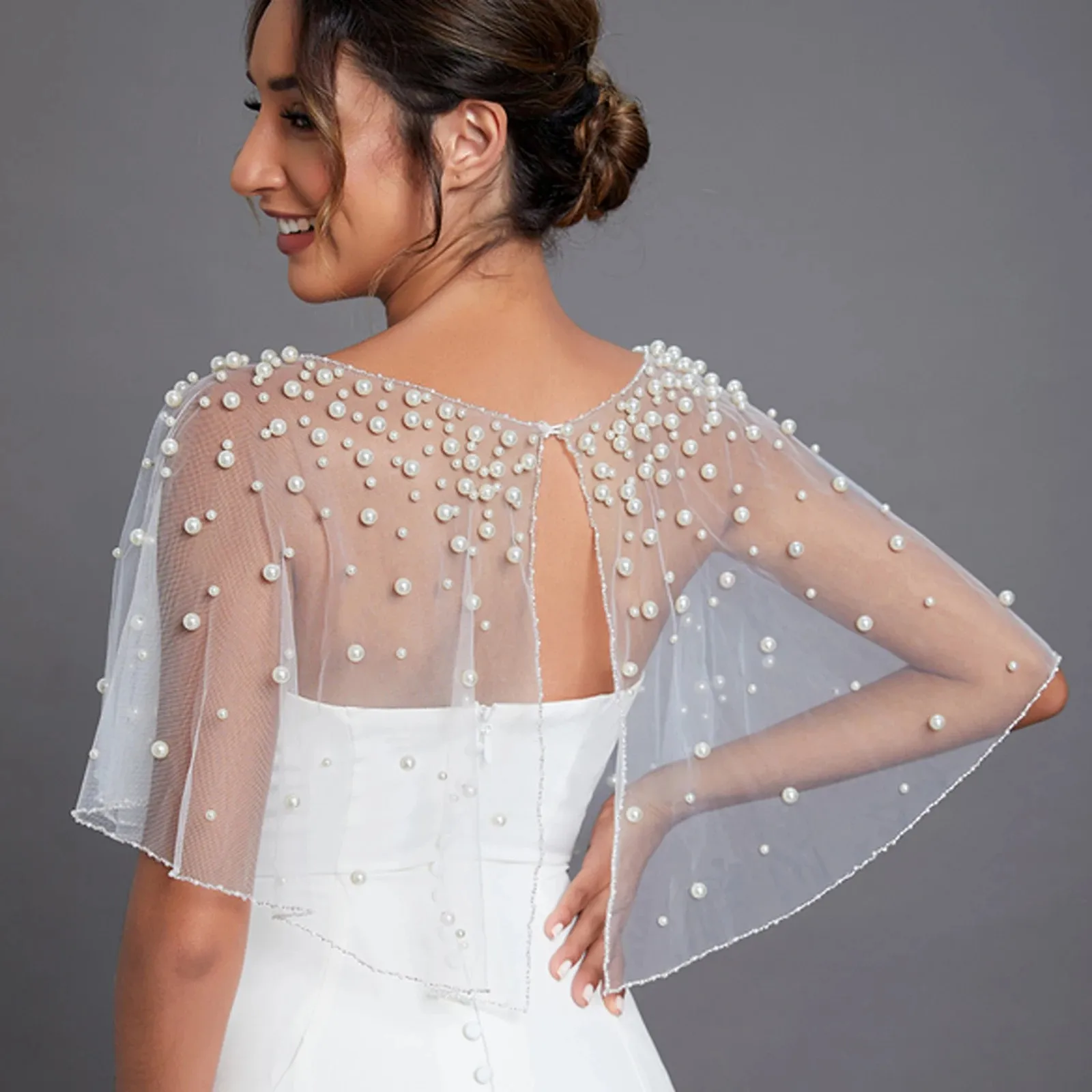 Elegant Pearl Beaded Tulle Bridal Shawl Wrap Detachable Sheer Bolero with Arm Cover for Wedding Evening Party Dress Accessories