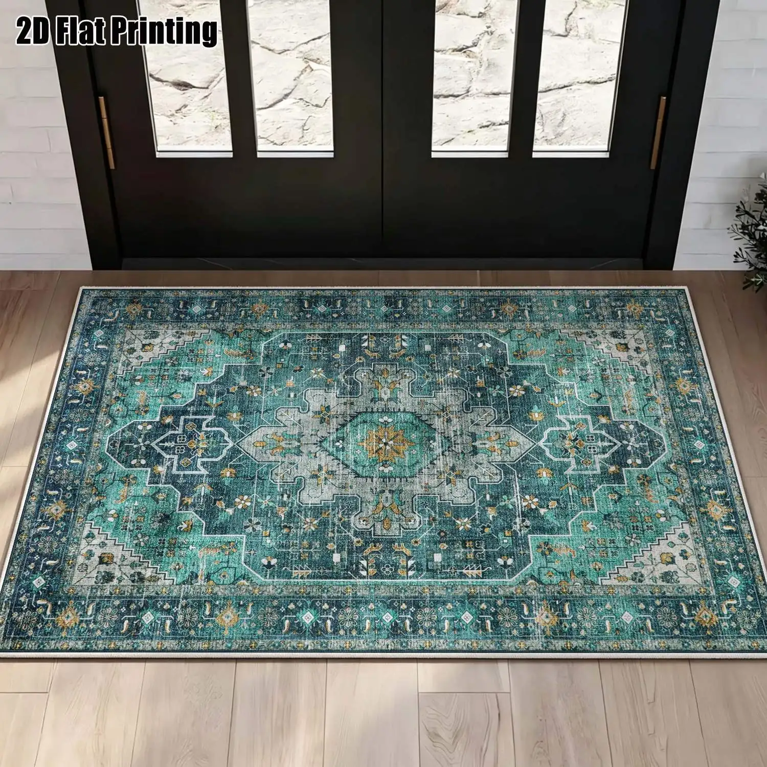 1Pc 2D Printed Retro Geometric Green Blue Velvet Carpet, European Vintage Bohemian Striped Rug, Machine Washable Multi-Size Home Decor Mat