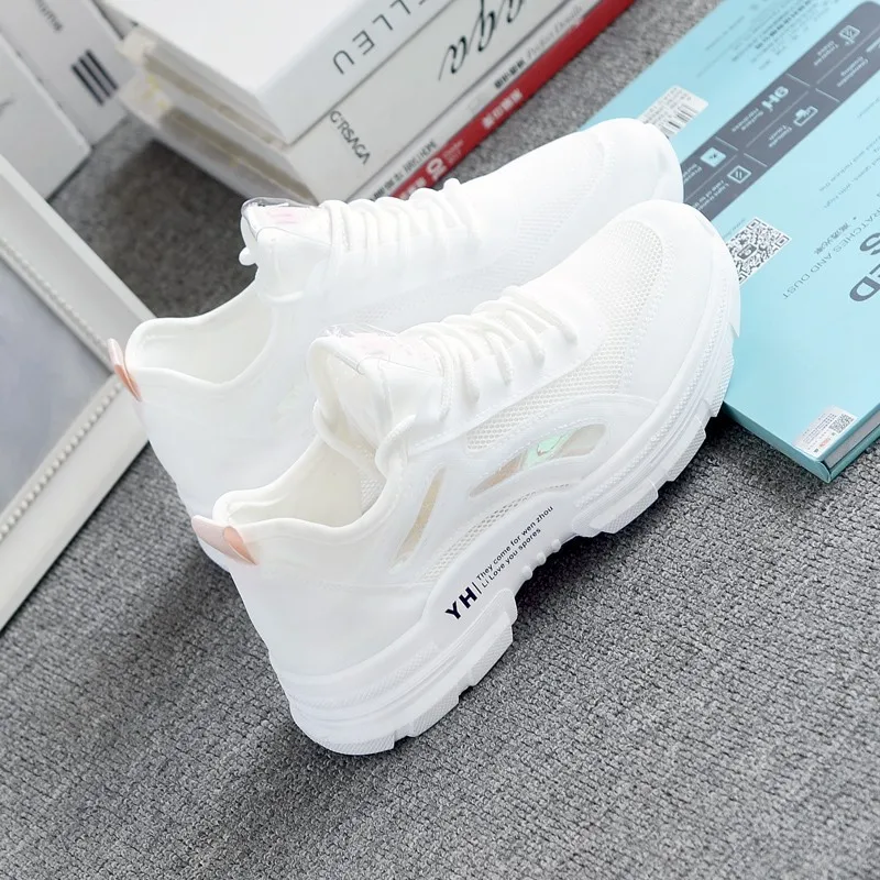 Mesh Vulcanize Shoes Women Breathable Sneakers Hollow Student Flat White Tennis Female Round Head Spring Fashion Lace-up 2023