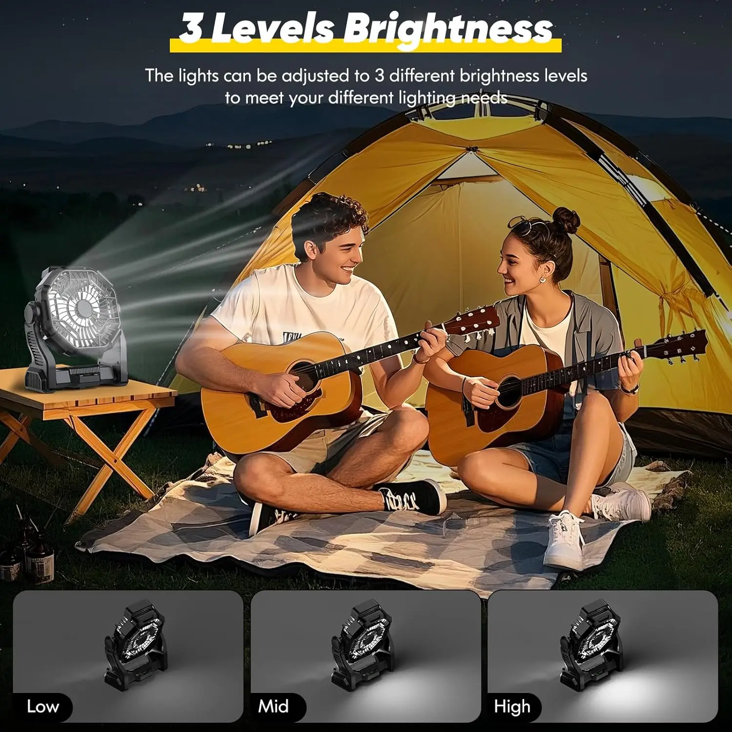 Rechargeable 10" Camping Fan: 10000mAh, LED Light, Hook, USB, Outdoor Use.