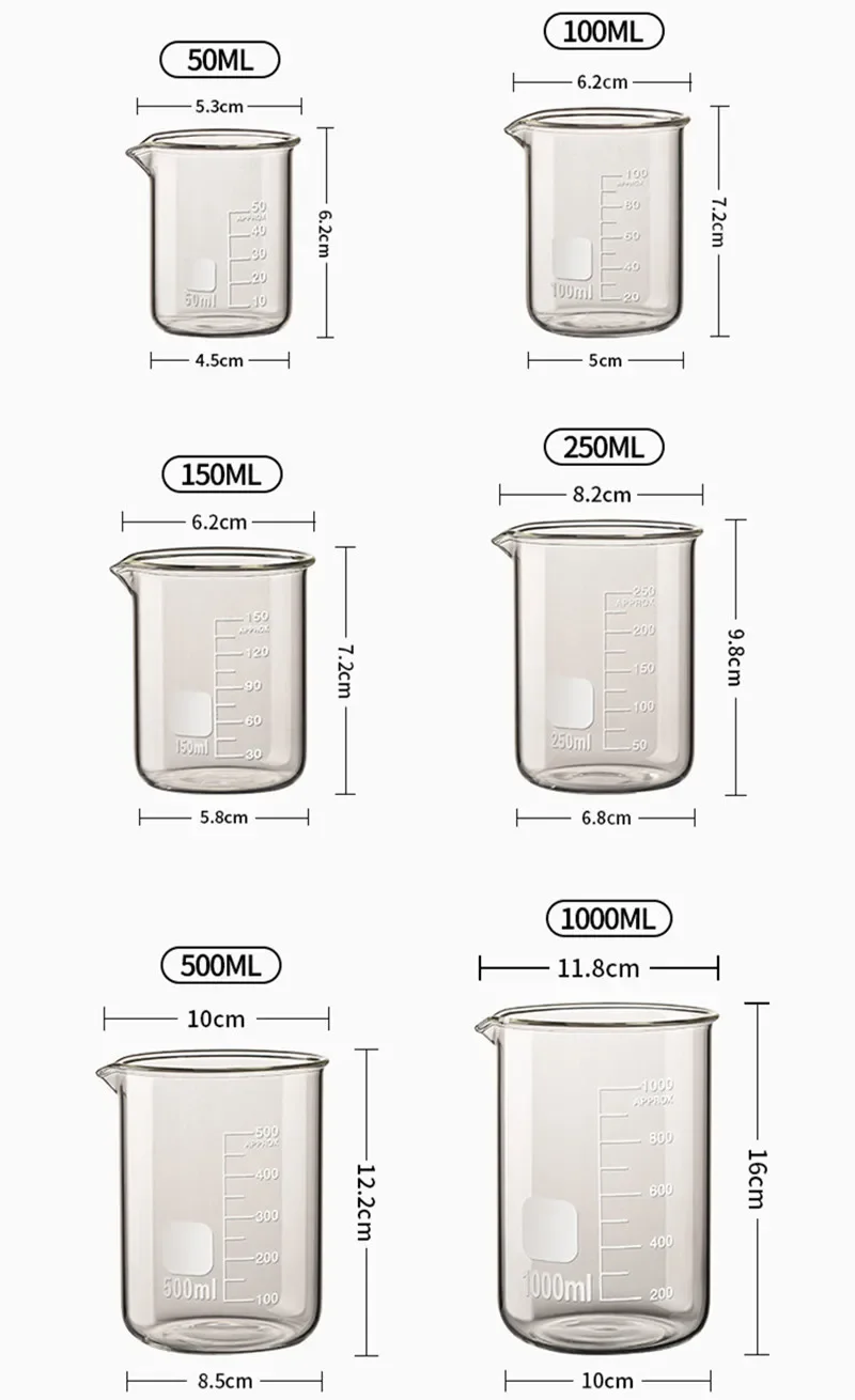 Vaso medidor de vidrio transparente resistente al calor, utensilios para hornear de cocina, 50/100/150/250/500/1000ml