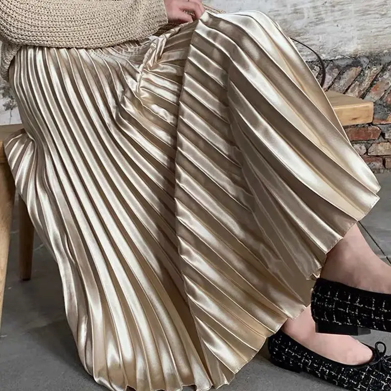 Elegant Pleated Midi Skirt Women's Summer Thin High Waist Fashionable Gored A-Line Skirt Korean Style Commute Polyester