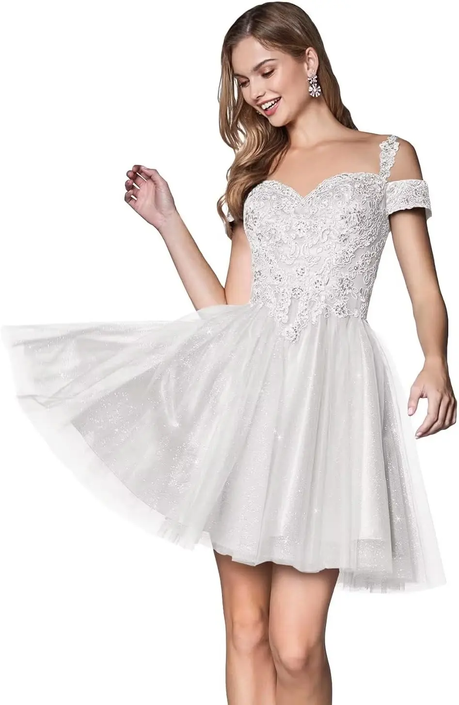 

Youth Cocktail Dress Short Shiny Back To School Dress Lace Stickers Cold Shoulder Short Sleeve Chiffon Birthday Party Ball Dress