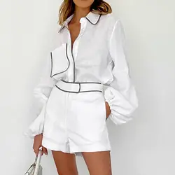 Elegant Cotton and Linen Long Sleeve Blouses and Shorts Sets Women Fashion New Matching Sets Casual 2 Piece Sets Womens Outfits