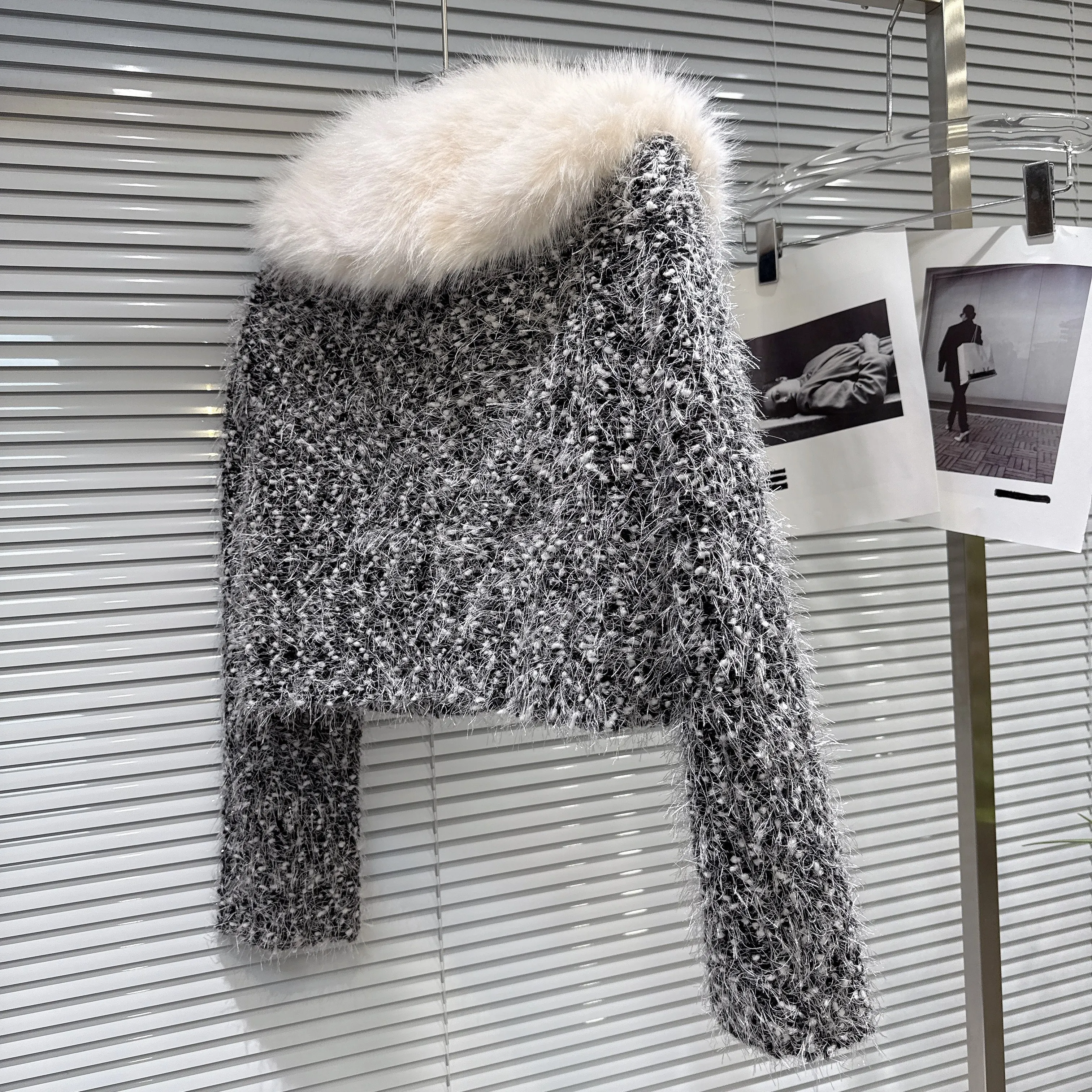 Style coréen élégant mode Socialite col en peluche à manches longues vers le bas manteau court paillettes Mini jupe deux pièces ensemble pour les femmes hiver