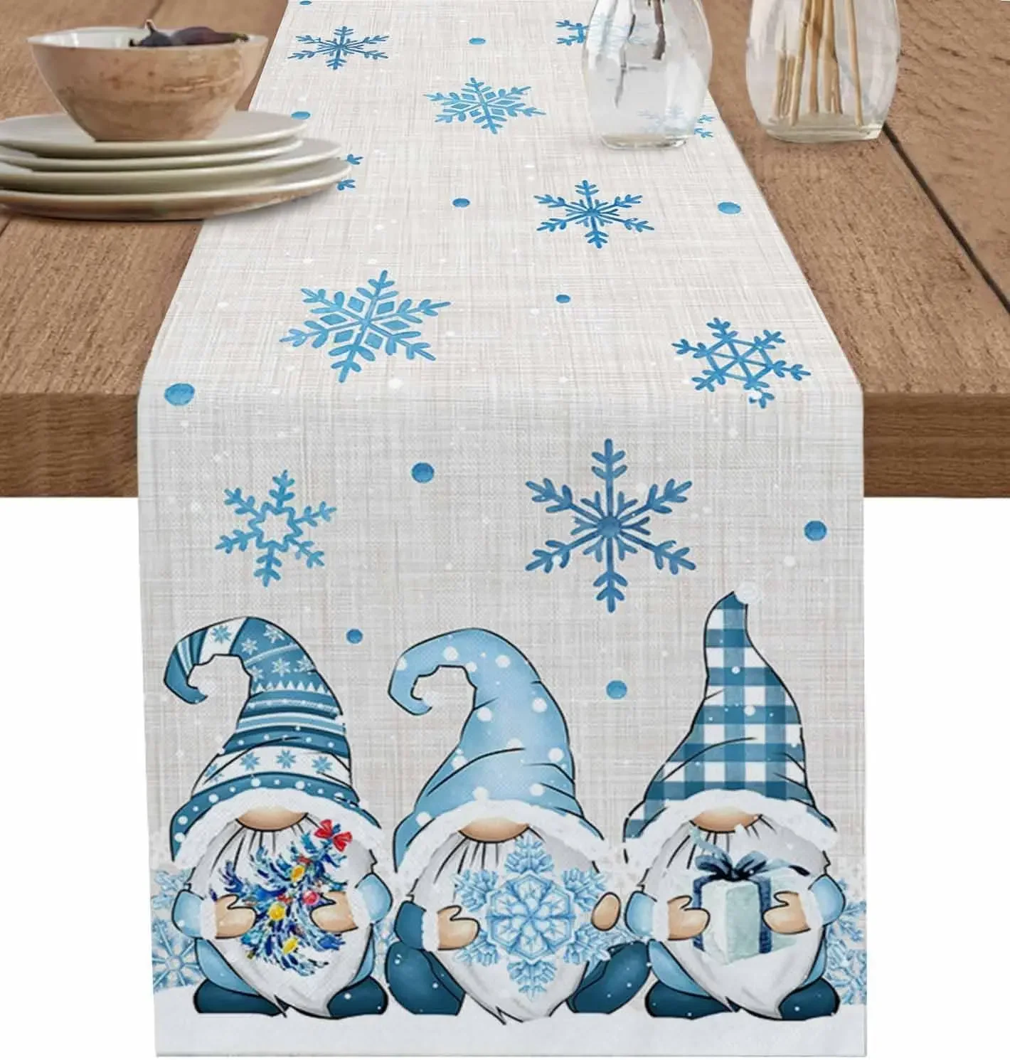 

Christmas Blue Gnomes Winter Snowflake Table Runners Table Decor Reusable Xmas Dining Table Runners Navidad Decorations