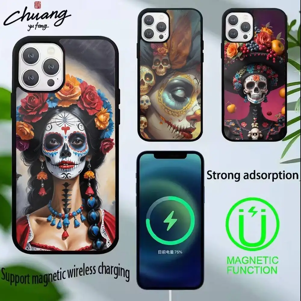 

Day of the Dead Catrina Skull Phone Case For iPhone17,16,15,14,13 Plus,Pro Max Magnetic For Magsafe Wireless Charging