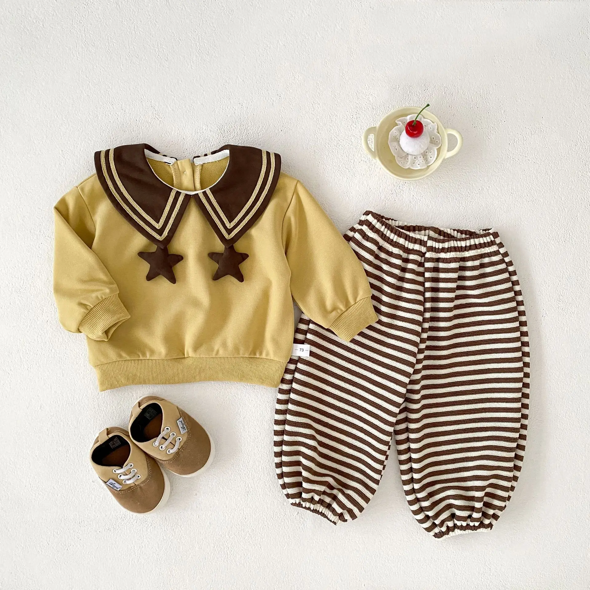 Girls' Hoodie Set, Autumn New Style, Stylish Navy Collar, Star Decoration Hoodie, Striped Ankle Pants Two-piece Set