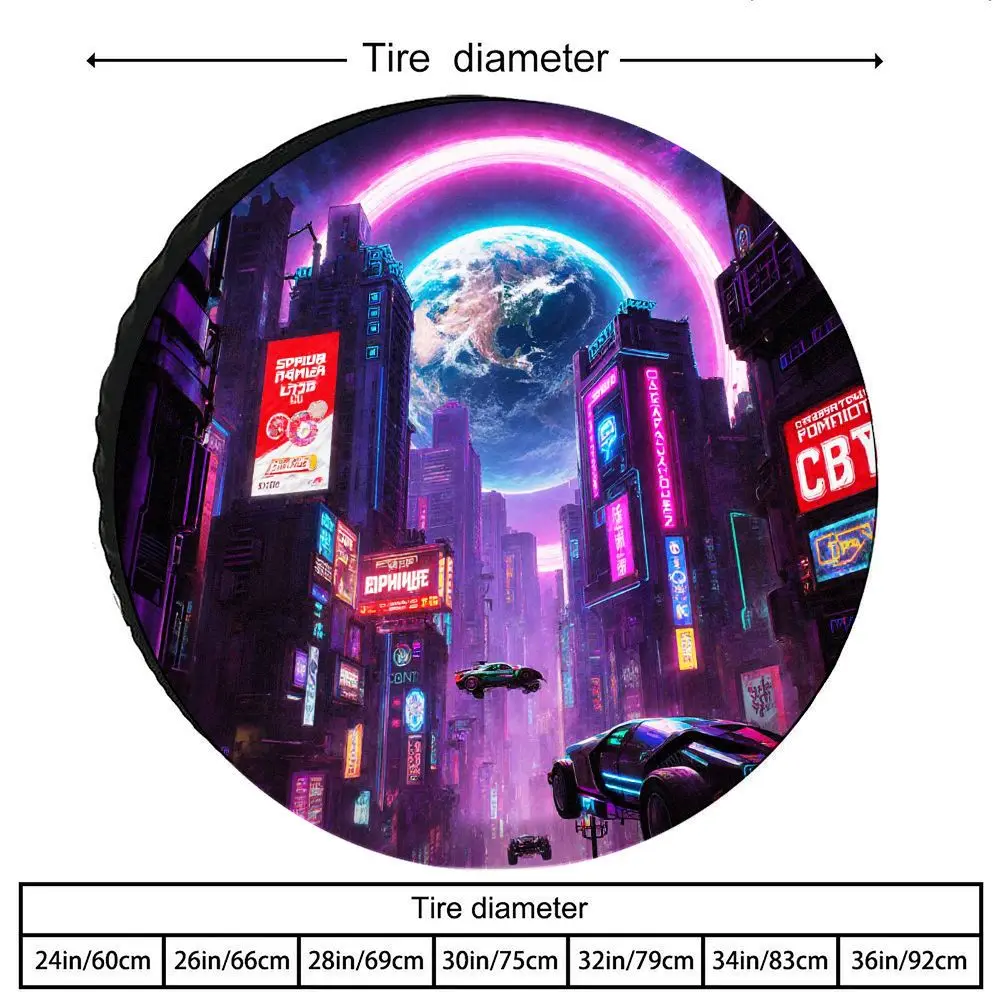 Cyberpunk Futuristic City Night Scene Pattern Polyester Fiber Tire Cover, Suitable For Suv/Sedan/Pickup Spare Tire Protection