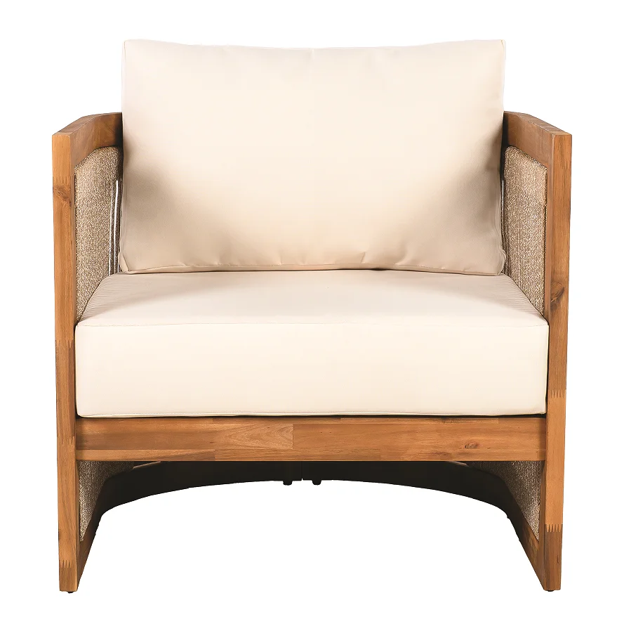 ！@Modern Rosewood Garden Chair Curved Tub Design with Woven Rope Accents Water-Resistant Cushions