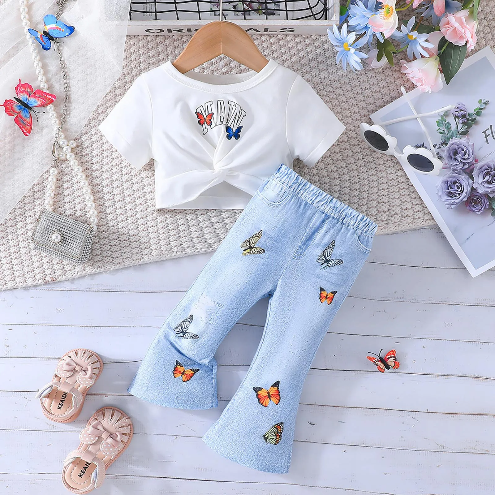 

Toddler Girls Summer Letter Butterfly Printing Short Sleeve Tops Denim Flared Pants Two Pieces Outfits Clothes Sets Outfits 2-7Y